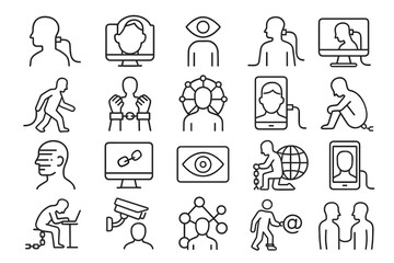 Fototapeta premium Digital Surveillance and Technology Dependence Icons – Privacy and Control Line Set
