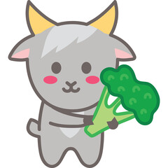 Cute Grey Goat Holding Broccoli on Transparent Background Adorable Farm Animal Character Digital Art
