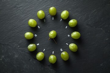 twelve green grapes are arranged in a perfect circle as a clock face. Spanish new year tradition