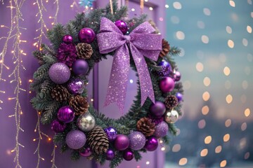 Beautifully Decorated Purple Holiday Wreath With Lights and Ornaments