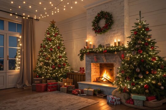 Cozy Christmas Setting With Decorated Trees and Warm Fireplace Glow - Powered by Adobe