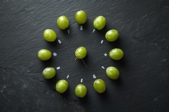 twelve green grapes are arranged in a perfect circle as a clock face. Spanish new year tradition - Powered by Adobe