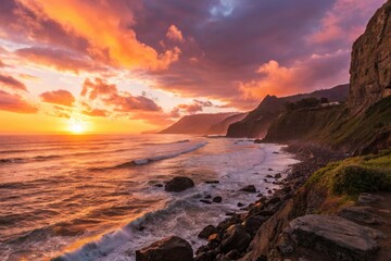Sunset Over the Ocean With Cliffs and Vibrant Colors at the Coastline