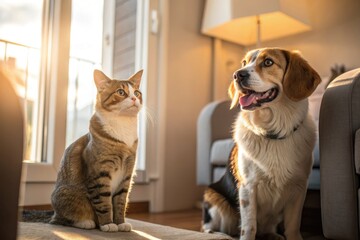 Cute Cat and Happy Dog Enjoying Afternoon Sunlight Indoors
