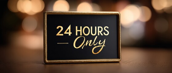 Elegant sign displaying 24 Hours Only in gold lettering against a blurred background, creating a sense of urgency and exclusivity for limited time offer