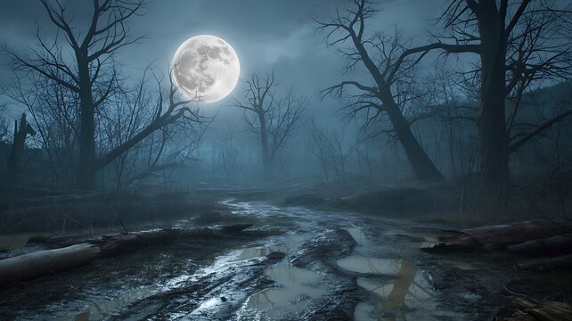 Mysterious moonlight landscape with bare trees reflecting in water creating mood