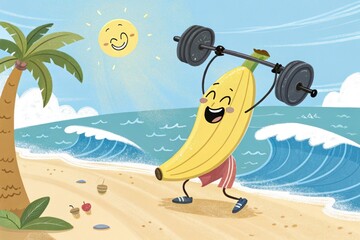 Banana Lifting Weights on a Beach Under the Sun