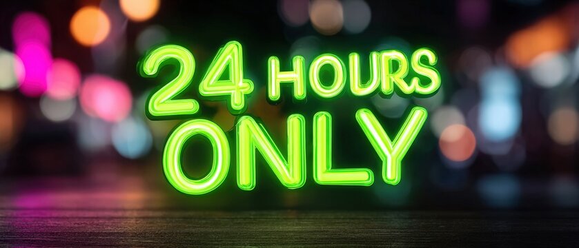 Glowing green neon sign displaying 24 Hours Only on a dark wooden surface with blurred city lights background, creating a sense of urgency and limited time offer