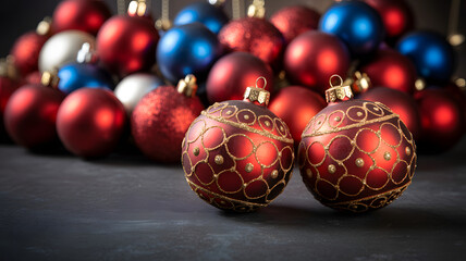 Closeup of two ornate red christmas baubles with intricate gold patterns, in front of a blurred background of festive ornaments