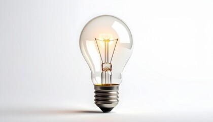 A glowing incandescent light bulb with visible tungsten filament, standing upright on a smooth reflective surface. Transparent glass enclosure and metallic screw base, set against a neutral background