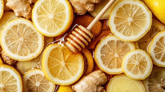 Drizzle honey over fresh ginger and lemon slices on a flat lay background with a honey stick, creating a vibrant and refreshing display of natural flavors