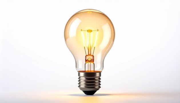 A glowing incandescent light bulb with visible tungsten filament, standing upright on a smooth reflective surface. Transparent glass enclosure and metallic screw base, set against a neutral background