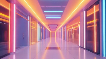 Empty futuristic corridor with vibrant neon lights illuminating the path - Powered by Adobe
