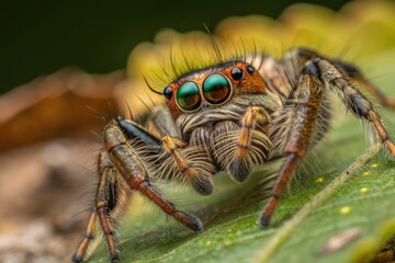 Fototapeta premium Colorful Spider Resting on a Green Leaf in a Natural Setting