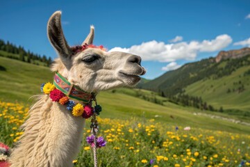 Obraz premium Llama With Colorful Flowers in a Sunny Mountain Meadow Landscape