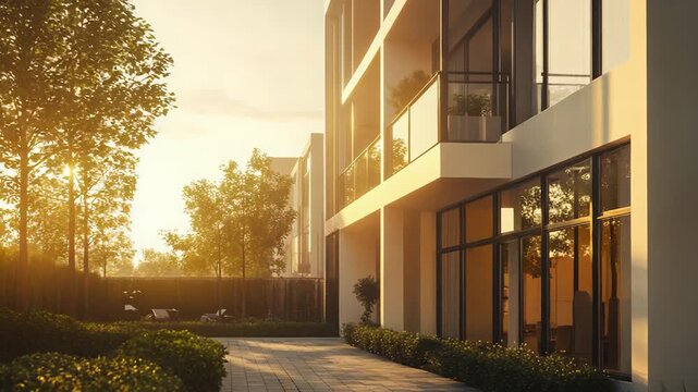 Modern residential building exterior at golden hour