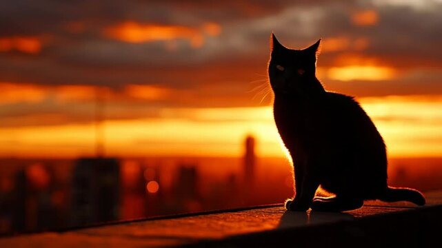Silhouette of a cat sitting on a ledge against a vibrant sunset sky over a cityscape.