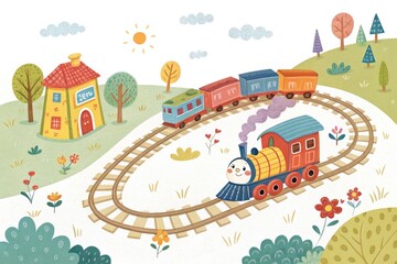 Obraz premium Colorful Train Travels Through a Cheerful Landscape Near a Small House