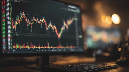 Stock market chart on computer screen displaying financial data, colorful lines, bars, debt and crisis indicators, analysis in dark office setting - Powered by Adobe
