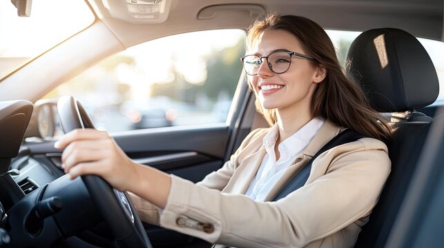 Young woman enjoying a sunny day while driving her car with a smile, showing confidence and joy in her experience on the road