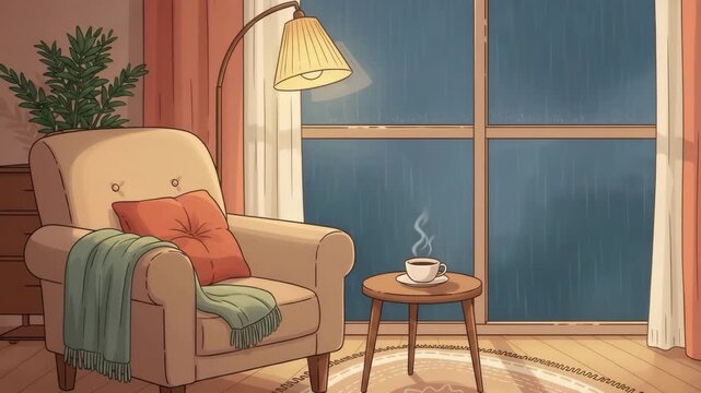 Cozy reading corner with beige armchair floor lamp steaming coffee on side table throw blanket plant and large window view creating peaceful relaxing illustrated living space


