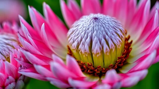 Vivid macro shot of a striking protea flower, showcasing its pink petals and intricate center