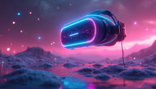 Futuristic VR headset with neon lights floats in abstract alien landscape. Digital world metaverse immersion. Virtual reality technology experience. - Powered by Adobe