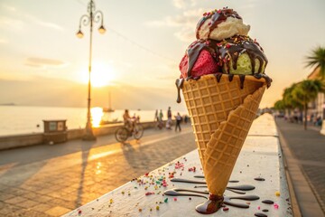 Colorful Ice Cream Cone by the Sunset Along the Waterfront Promenade
