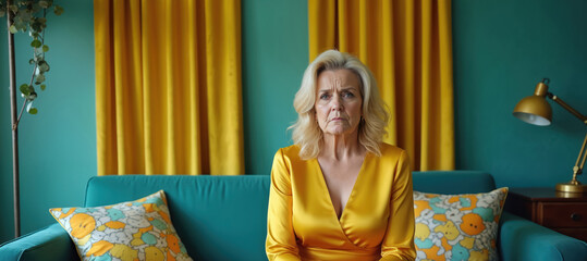 Middle age blond woman sits on a teal sofa in a home. She looks sad, angry, frustrated. Woman feels overwhelmed and tired. Her face shows deep emotion, worry, stress, a fed up homemaker concept.