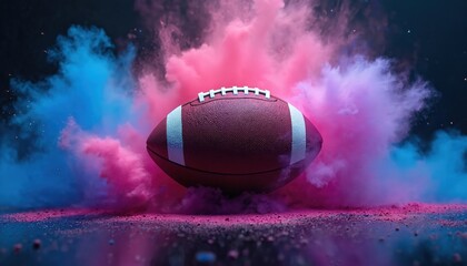 American football closeup view in colorful smoke cloud. Sport competition ball levitates in dust motion. Dynamic fly action in neon color cloud on dark background. Creative vivid art.