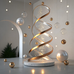 Elegant modern Christmas decoration featuring a spiral glass tree with golden ribbon and sparkling lights, surrounded by festive ornaments in a minimalist room.