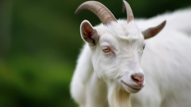 Close-up of a white goat's face with horns, beard, and golden eyes, set against a blurry green backdrop