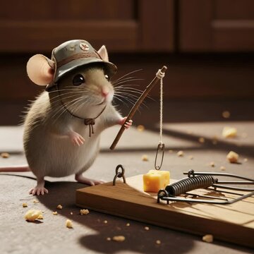 Mouse in a hat using a fishing rod to bait a mousetrap with cheese, showing a pest interacting with a trap for control
