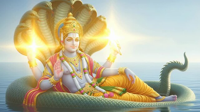 Vishnu resting on Shesha, the cosmic serpent, with divine attributes glowing softly in a tranquil cosmic landscape