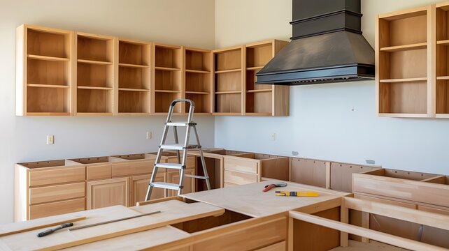 Unfinished Kitchen Cabinets being installed with tools and step ladder