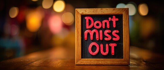 Wooden framed sign with red Dont Miss Out message on a wooden table against a blurred background, promoting special offer and limited time opportunity