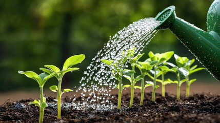 Pouring water from a green watering can onto seedlings in a garden, showcasing the beauty of nurturing plant growth and nature