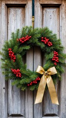 Festive Christmas wreath made of green pine branches decorated with red berries and a gold bow hanging on a rustic wooden door