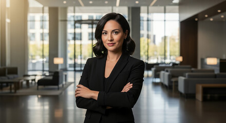 Confident professional woman wearing a fitted black blazer with arms crossed, photographed in a modern corporate lobby under soft directional lighting, captured with a crisp high-end business portrait