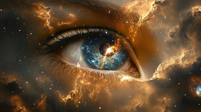 Close up human eye reflects space imagery featuring nebula, stars and swirling clouds.