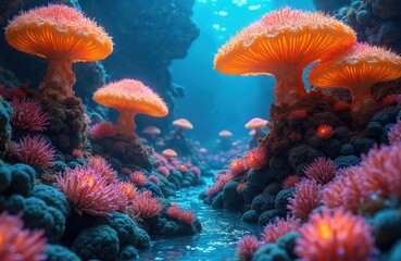 Obraz premium Vibrant alien underwater world features glowing orange mushroom-like corals, pink sea anemones. Blue river flows through mystic ocean bed. Surreal fantasy scene evokes sense of wonder, exploration