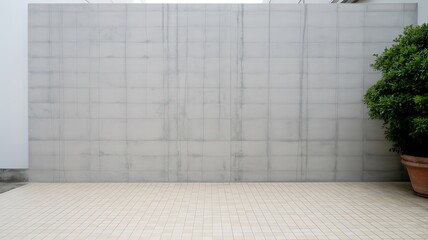 Urban concrete wall with tiled floor and potted green plant design