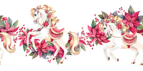Christmas horse golden maned in harness with poinsettia and holly berries seamless border. Toy carousel horse hand drawn watercolor illustration isolated on white, new year symbol for festive design