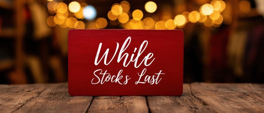 Festive red sign with While Stocks Last message on rustic wooden table with bokeh lights, creating a sense of urgency for holiday shopping and seasonal sales