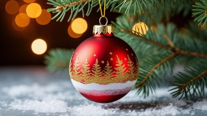 Red Christmas ornament decorated with golden trees hanging on a green pine branch with snow and warm bokeh lights in the background