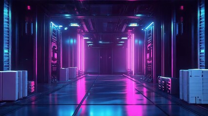 Futuristic sci fi server room with neon light - Powered by Adobe