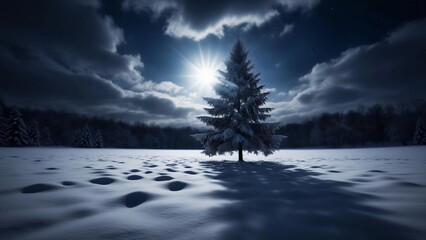 Moonlit winter night with a snow-covered pine tree casting long shadows on fresh snow under a cloudy sky