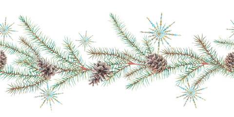 fir branches with cones and snowflakes Christmas green seamless border. Prickly fluffy twig of coniferous tree hand drawn watercolor illustration isolated on white for holiday, new year design, banner