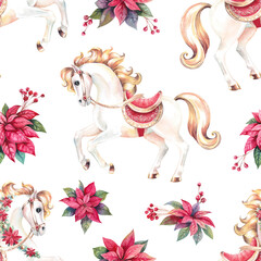 horse golden maned in red harness with poinsettia and holly berries watercolor Christmas seamless pattern. Toy carousel horse hand drawn illustration isolated on white for textile, wrapping paper