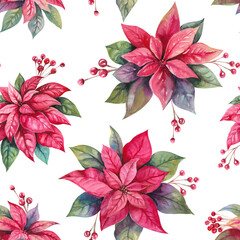 Poinsettia Christmas winter flower and holly berries hand drawn watercolor illustration isolated on white. Bright red plants seamless pattern for New Year eve designs, print, wrapping paper, textile